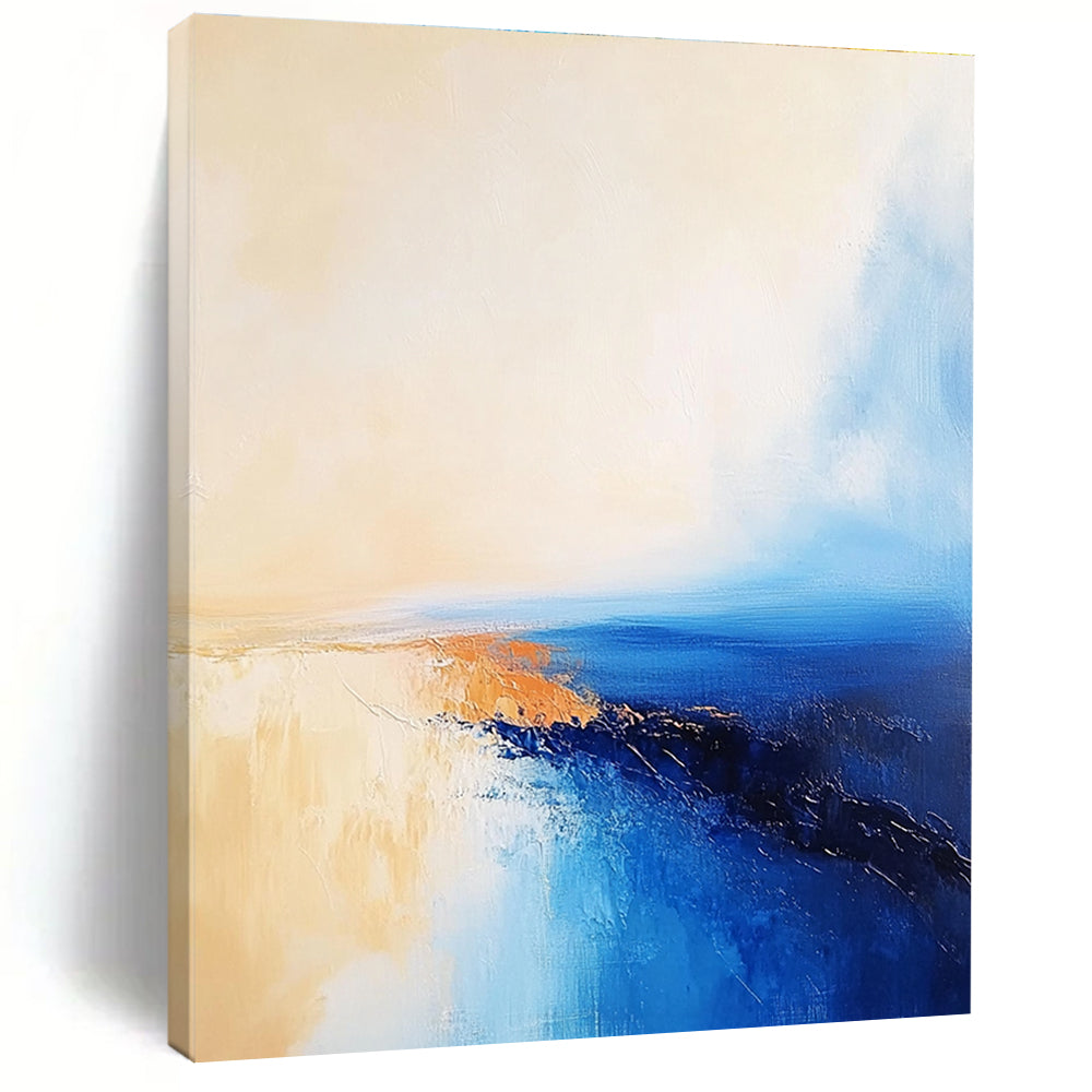 Large Abstract Oil Painting of the Sea in Blue and Beige with a Golden Sunset Horizon. Perfect for enriching any living space.STSC599