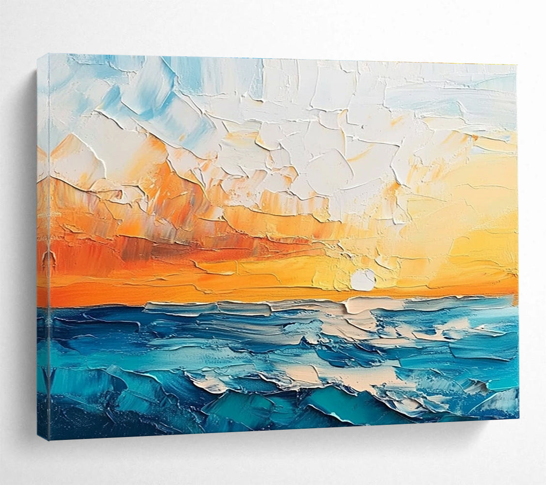 Large abstract painting featuring a textured sunset over the sea and sky in orange blue white and teal shades.SC132