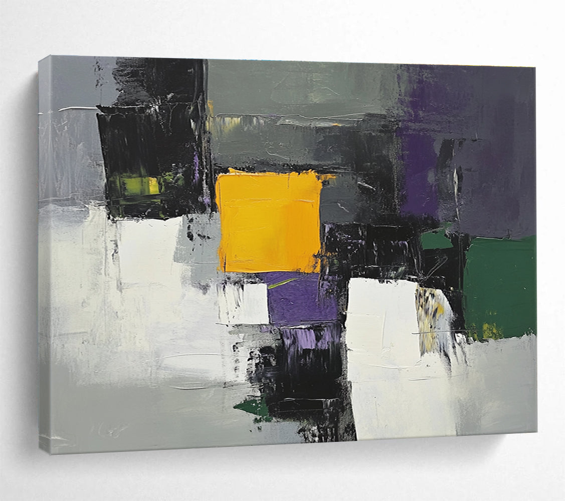This large abstract painting features gray white and purple shapes with a central yellow square and green and olive accents using thick brush strokes.SC324