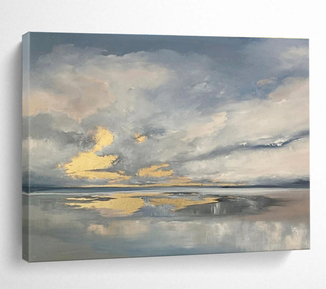 Dramatic Sky and Water Abstract Painting with Grey and Golden Hues THY255