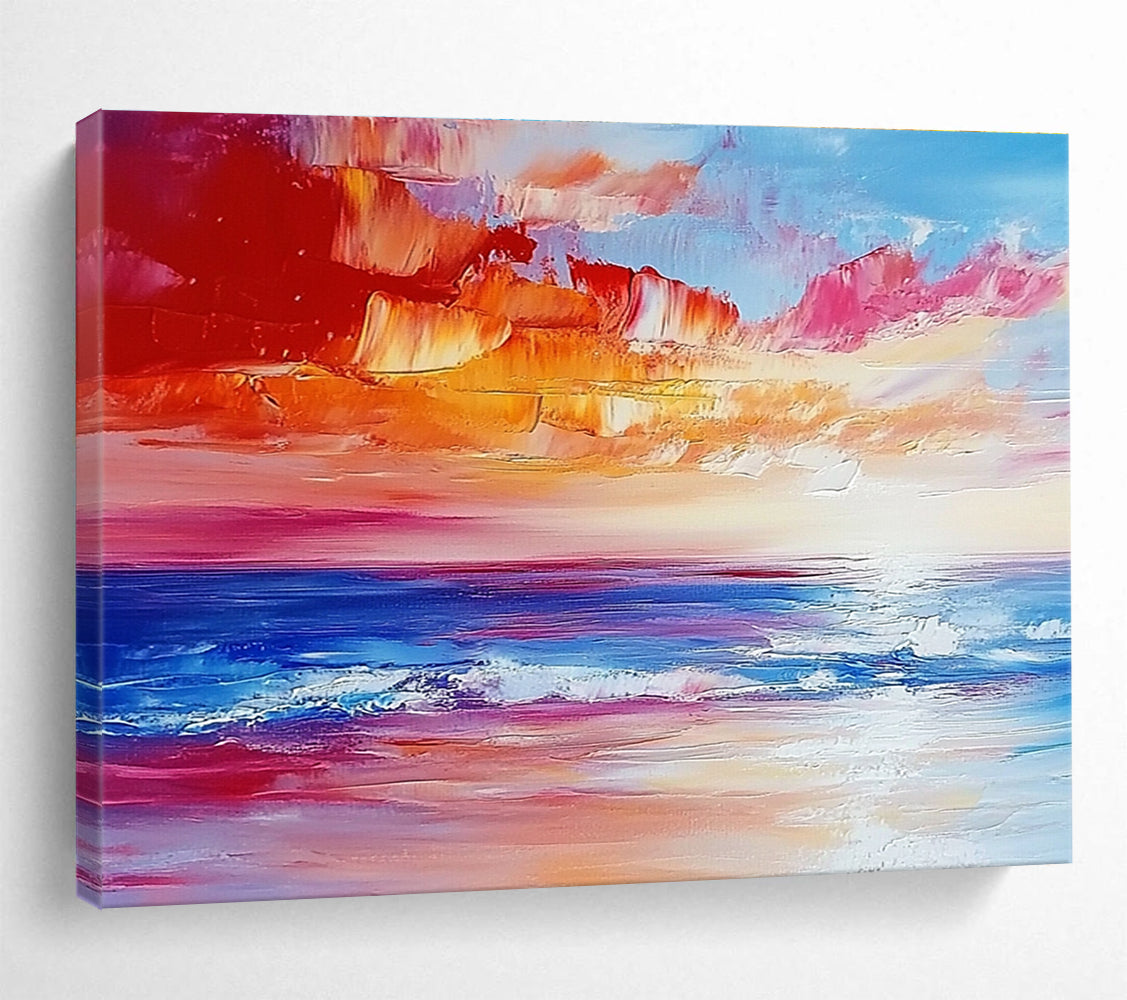 Colorful Sunset Seascape Abstract Painting with Reds Pinks and Blues DYP234
