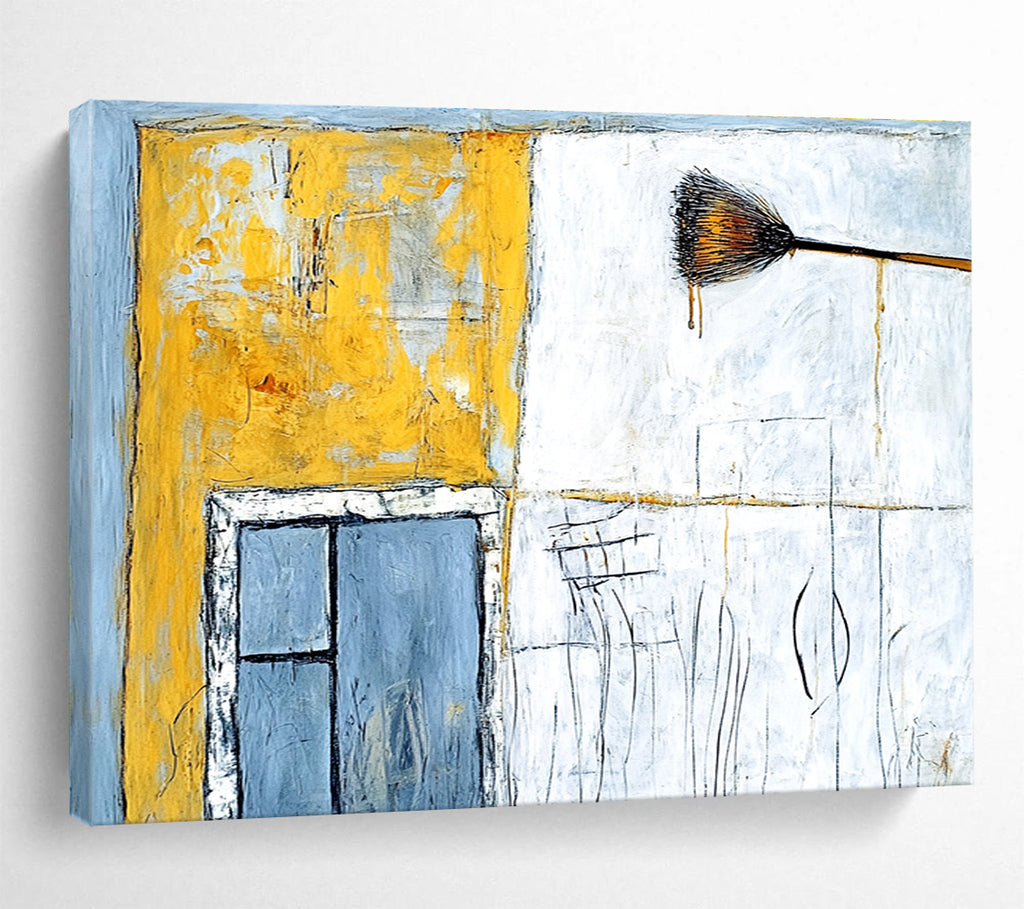 Large abstract painting featuring an old building in yellow and white with an open window and light blue wall details.SC164