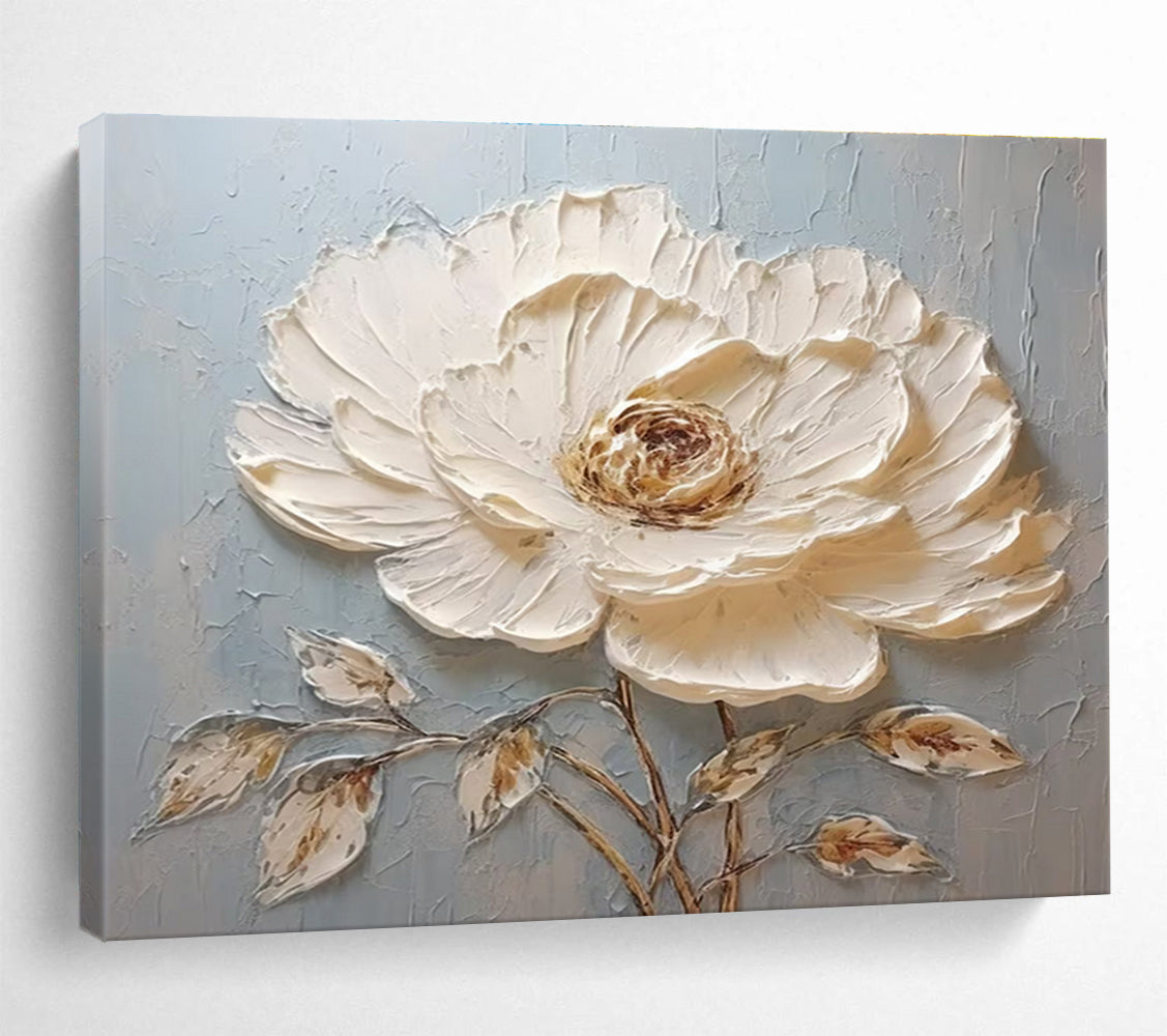 Single White Flower Abstract Painting with White, Brown, and Blue Tones THY175