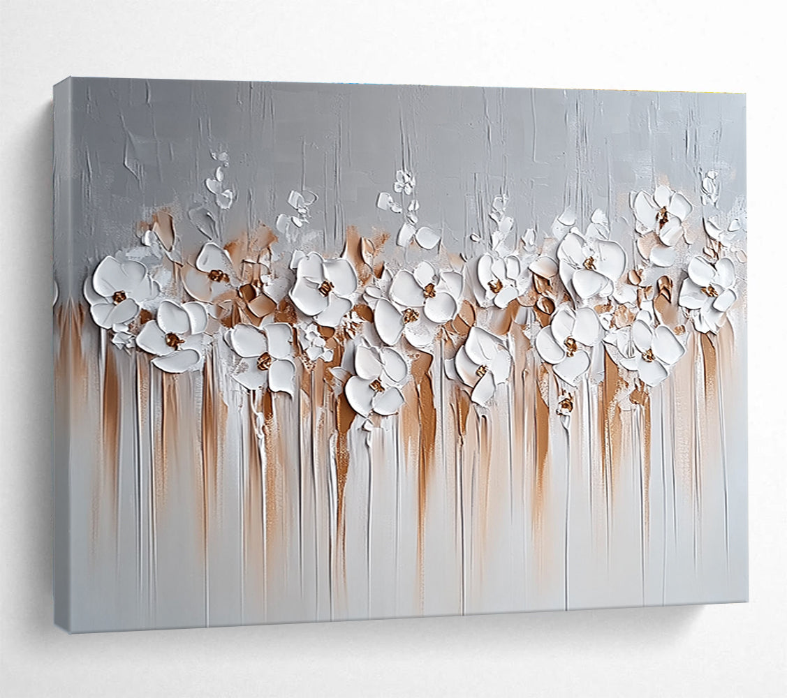 White Flowers with Brown Drips Abstract Painting in 3D Textures DYP452
