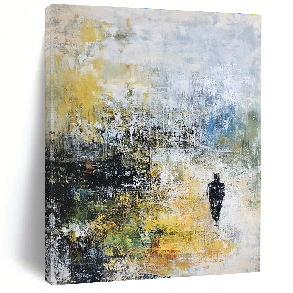 Large abstract painting on canvas with textured layers in pastel tones depicting a serene landscape under rain.STSC237