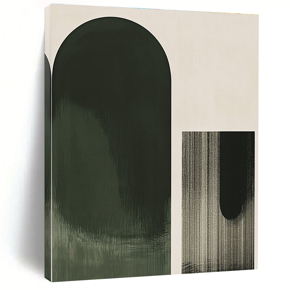 A large abstract green oval contrasts elegantly against a light gray background with a simple black geometric outline in front.STSC1031