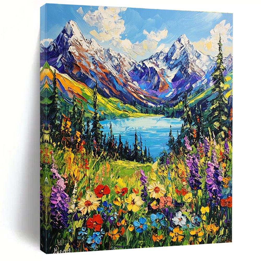 A large abstract painting capturing snow-capped mountains vibrant wildflowers and a serene blue lake in British Columbia's lush landscape in impressionistic style.STSC1225