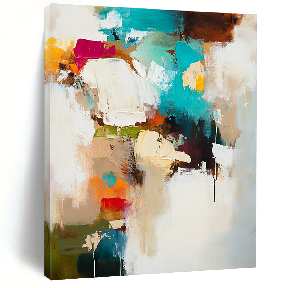 Large abstract painting in soft white and beige tones accented with teal brown and warm colors creating a moody dreamy atmosphere.STSC812