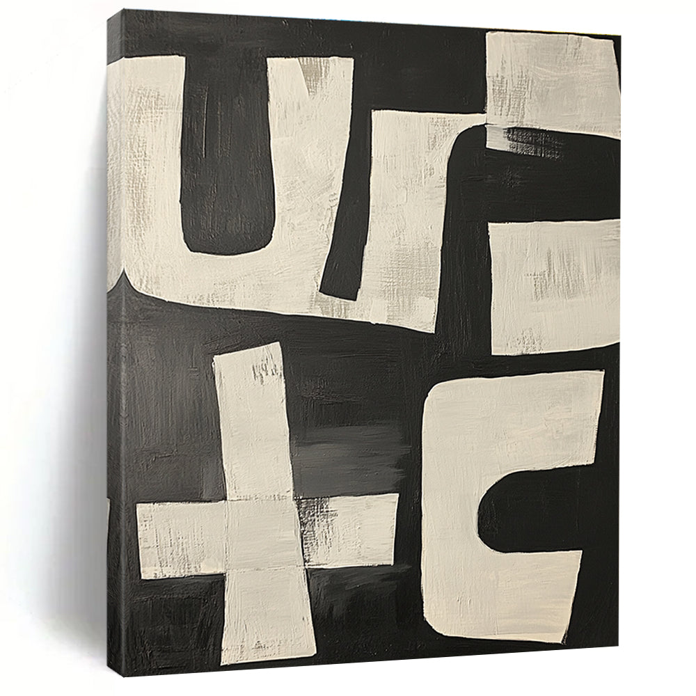 Large abstract painting featuring dynamic black and white shapes resembling the word use in a bold and energetic composition.STSC1133