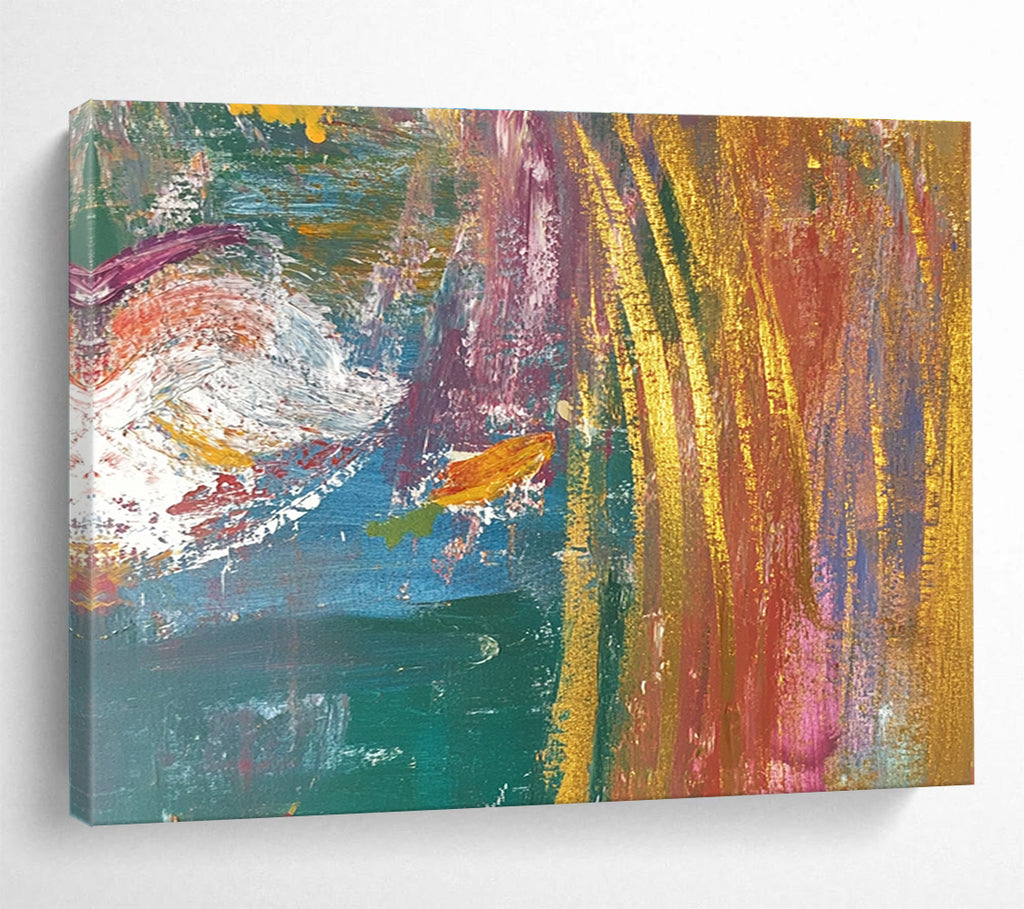 Large abstract painting with layered textures and vibrant colors featuring two fish in motion within a dynamic background.SC442