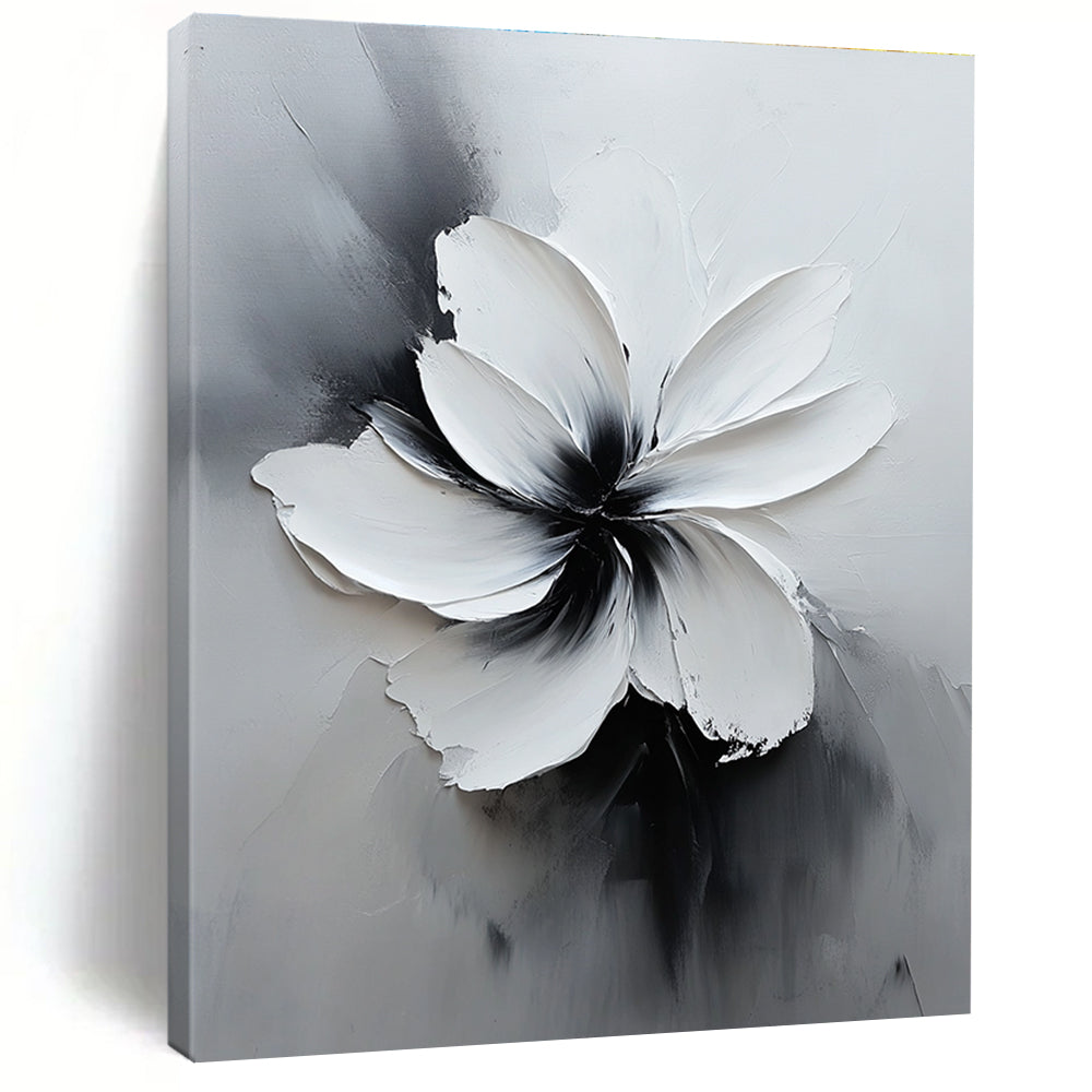 Large abstract white flower painting in black and gray with soft lighting and delicate textures creates an elegant minimalist art piece.STSC516
