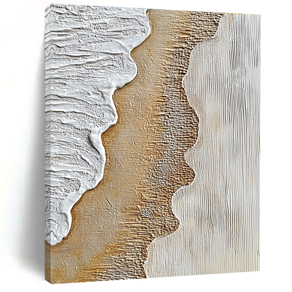 Abstract painting depicting textured sand and crashing waves with warm browns and cool grays for a striking artistic expression.STSC947