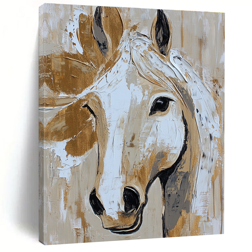 Abstract horse face in beige and white with gold accents reflects rustic farmhouse charm in a detailed expressive painting.STSC073
