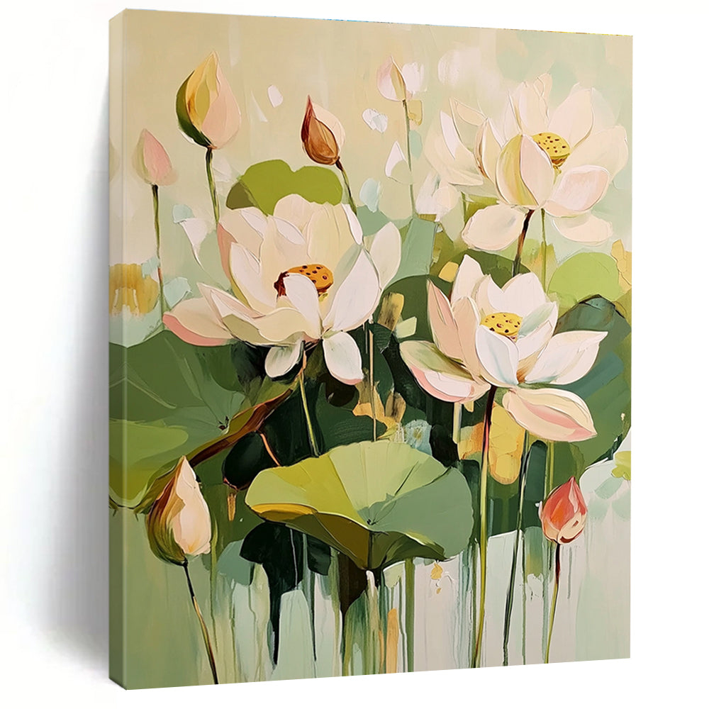 Large abstract painting featuring light green and cream lotus flowers with green leaves and pink buds in an elegant harmonious composition.STSC319