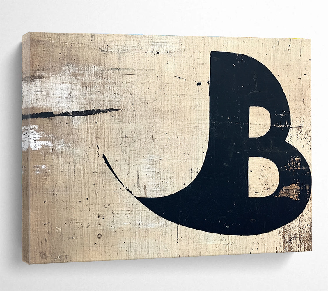 A large abstract painting on wood featuring a minimalist black letter B against a beige and white textured background for elegant creative uses.SC438