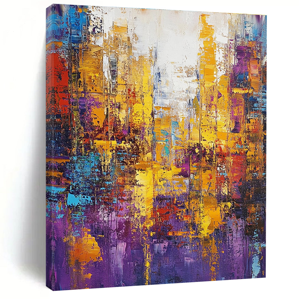 Large abstract oil painting featuring a cityscape in gold and purple tones with colorful patterns and textured brush strokes.STSC160