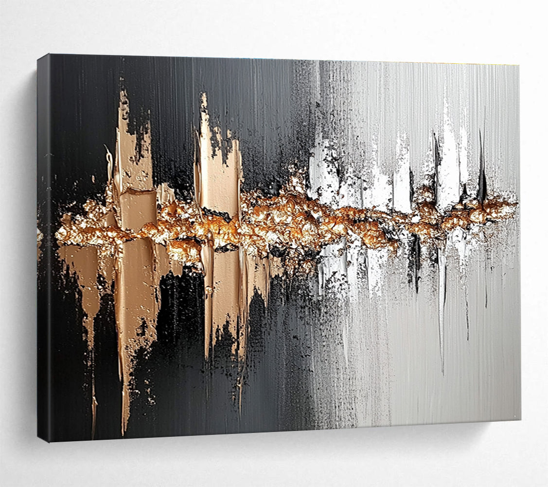 Black Gray Gold Abstract Painting with Textured Gold Accents DYP303