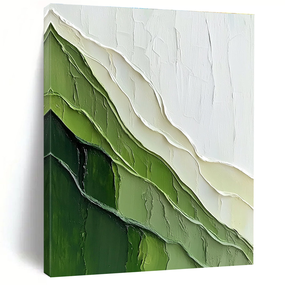 Large abstract painting featuring a textured green mountain against a pale yellow-green background with a sense of depth and layered contours.STSC1120