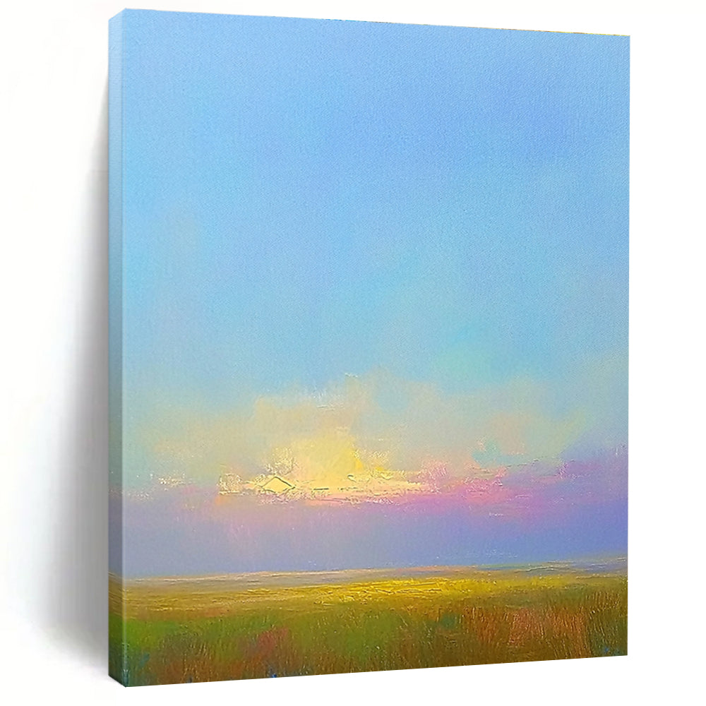 Large abstract painting featuring green fields under a soft blue sky with pink clouds highlighting Impressionist brushstrokes and serene natural beauty.STSC888