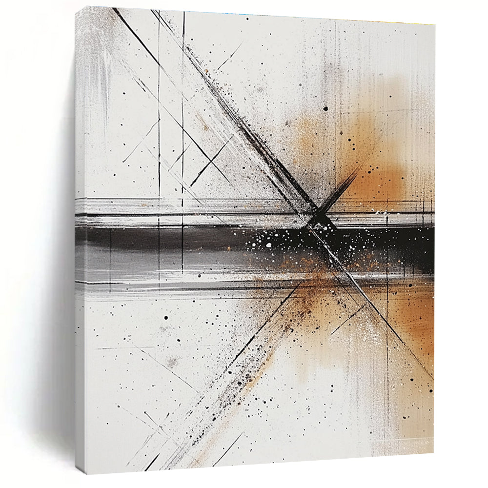 Large abstract painting with fluid lines and shapes in light gray dark beige and subtle amber tones featuring ink washes and soft atmospheric effects.STSC321