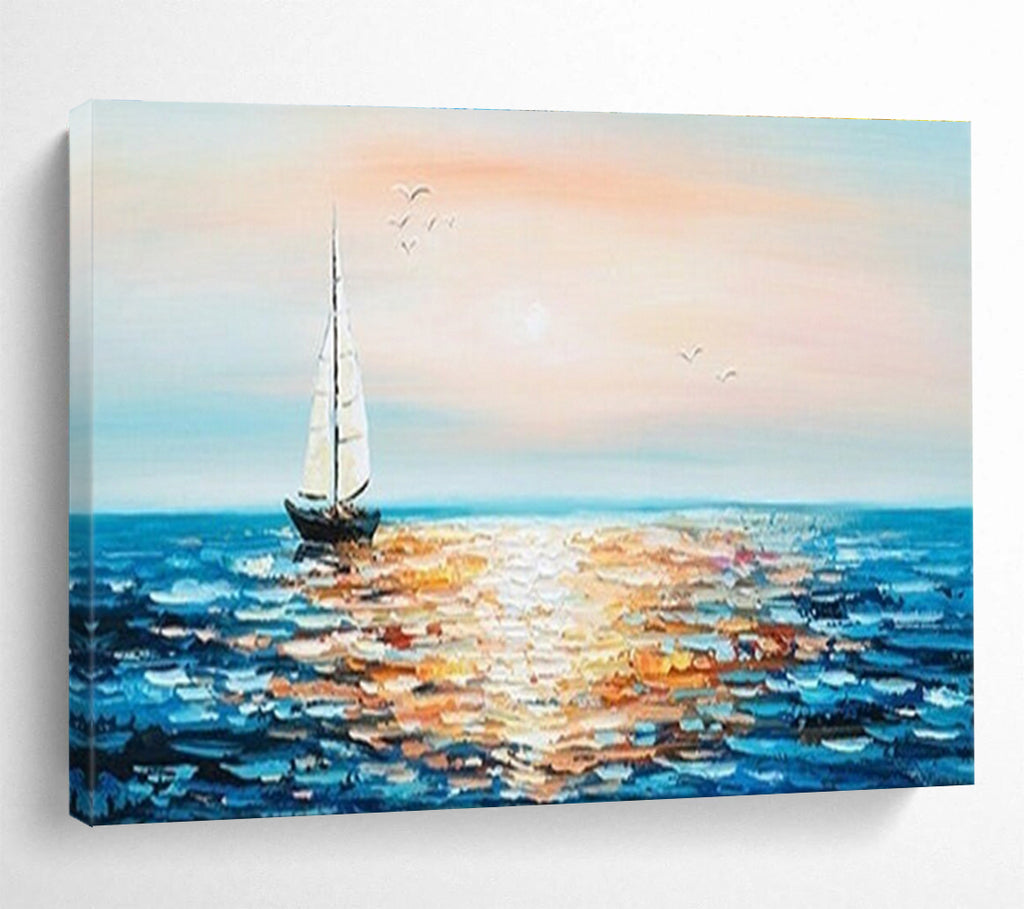 Sailboat Sunset Abstract Painting with Orange, Pink, and Blue Tones THY188