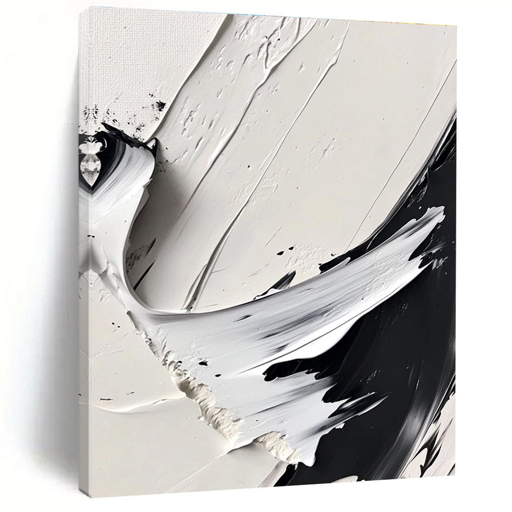 Large abstract painting featuring dynamic brush strokes in monochrome, high contrast, sharp edges, and soft blurred areas creating depth and texture.STSC507