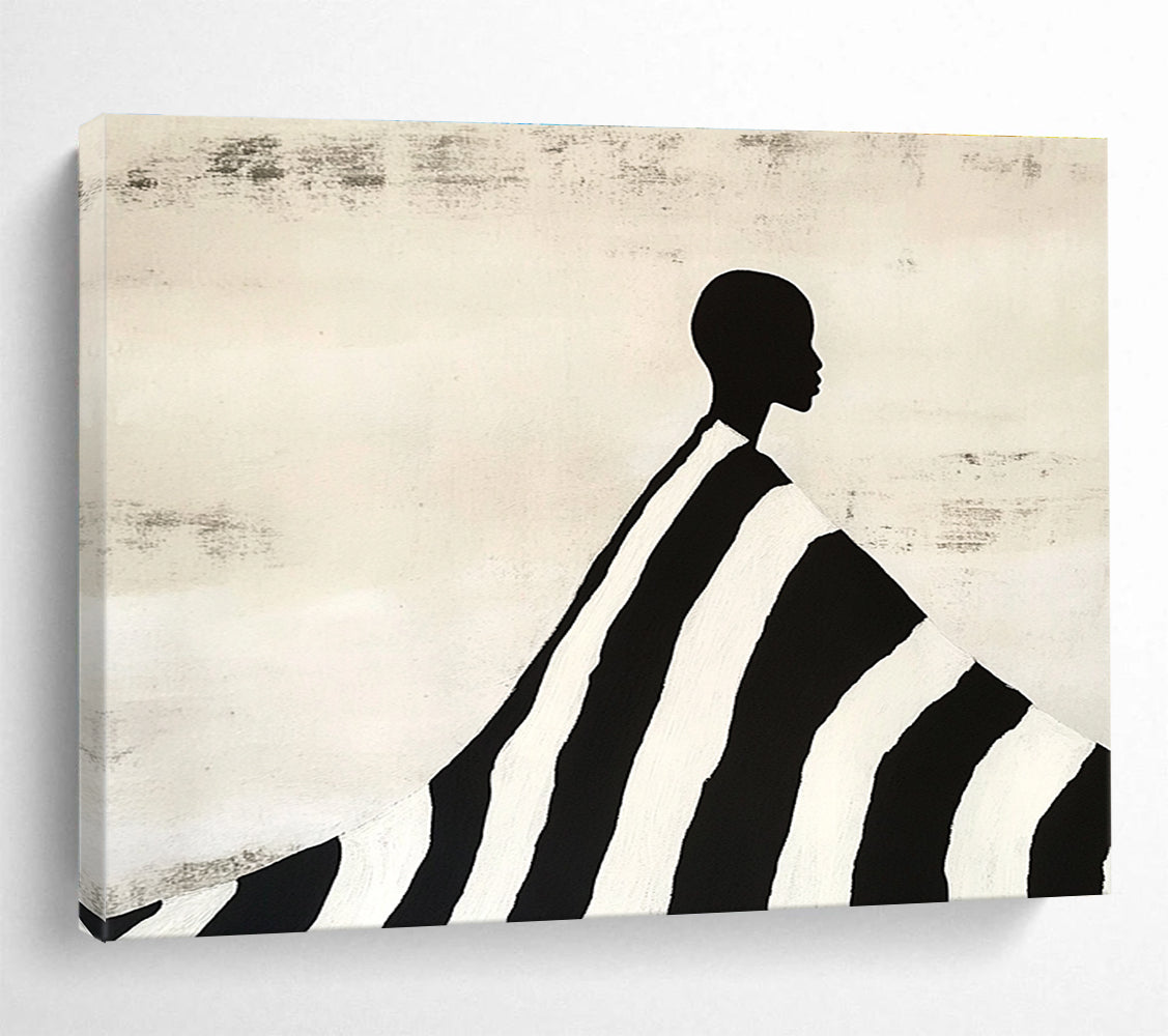 An abstract painting featuring a silhouette of an African man draped in a black and white striped blanket, evoking Tim Walker's artistic style.SC428
