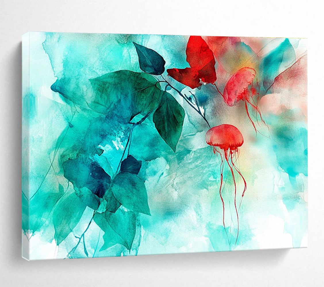 Jellyfish and Leaves Abstract Painting in Teal and Red DYP446