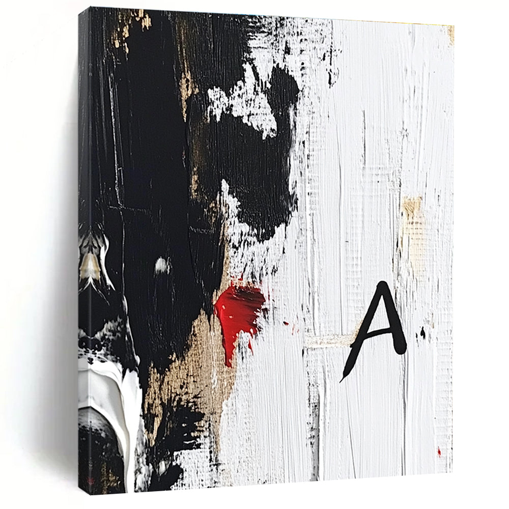 Large abstract painting in black and white with red accent showcasing thick brushstrokes and textures on a white background with signature A.STSC026