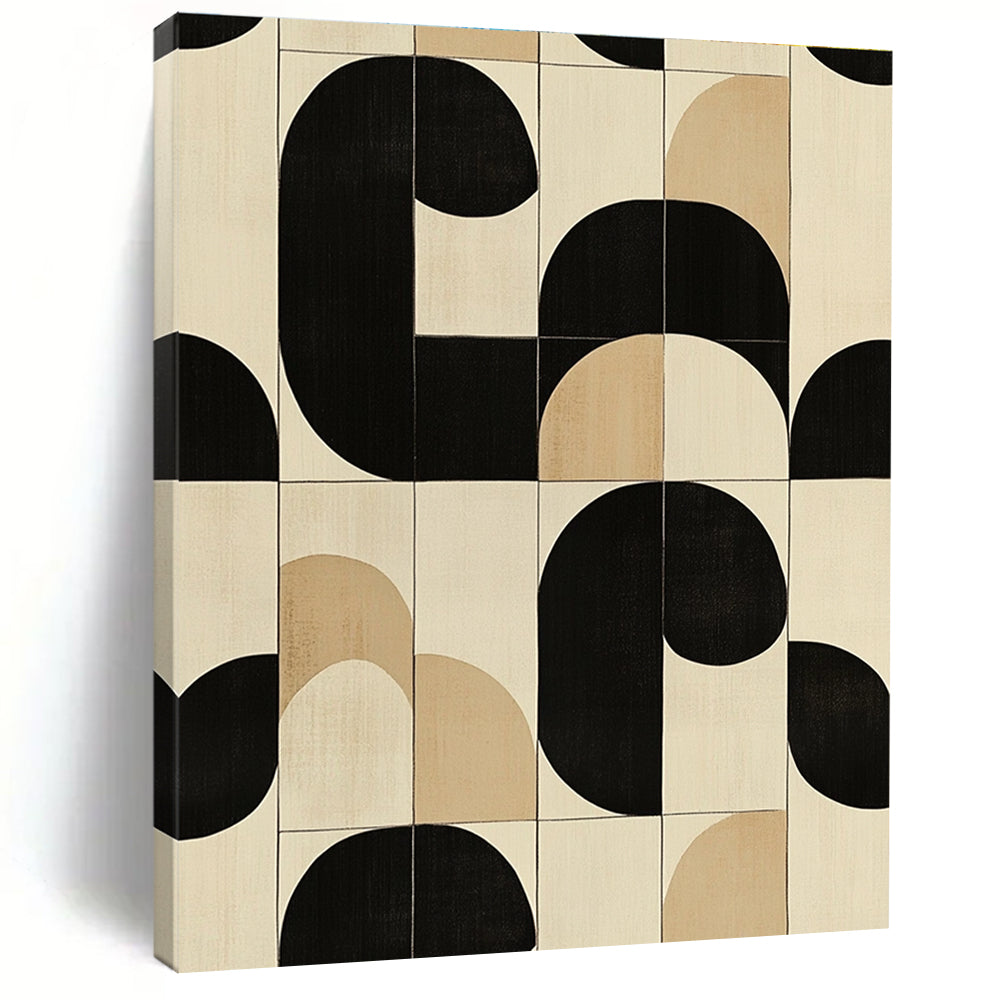 Large abstract painting featuring modern black white and beige circles and squares perfect for contemporary decor.STSC1102