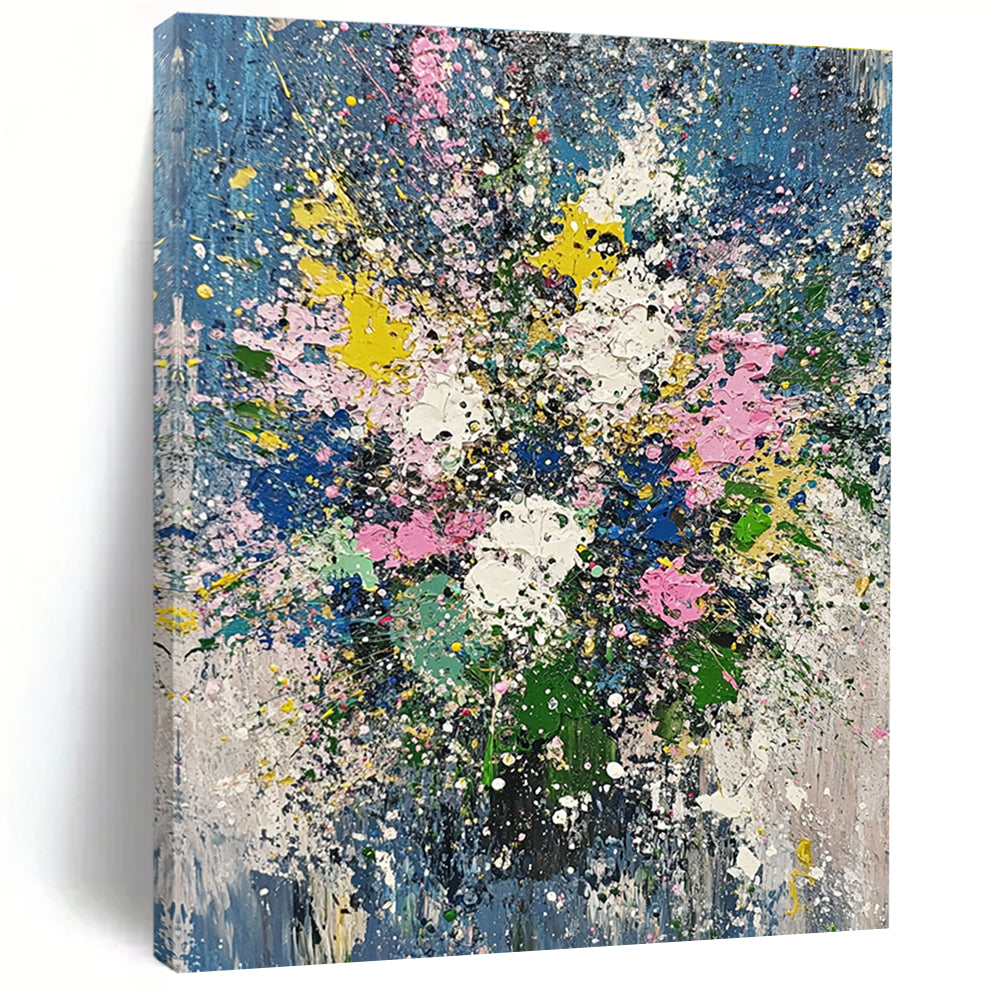 Abstract oil painting featuring flowers and plants in John Berkey's style with light blue green pink and gold leaf splatters.STSC181