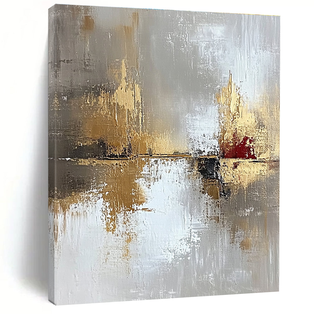 Large abstract painting in light gray and gold with oil brush effect featuring layers of texture and subtle red accents for visual impact.STSC402