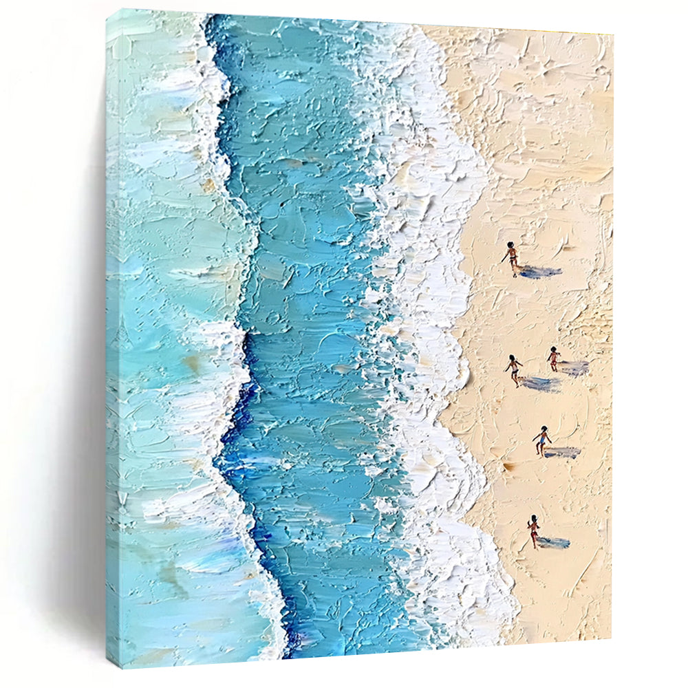 Large Abstract Painting Featuring Soft Pastel Colors Depicting Aerial Beach Scene With People Swimming Ocean Waves And Gentle Sand.STSC854