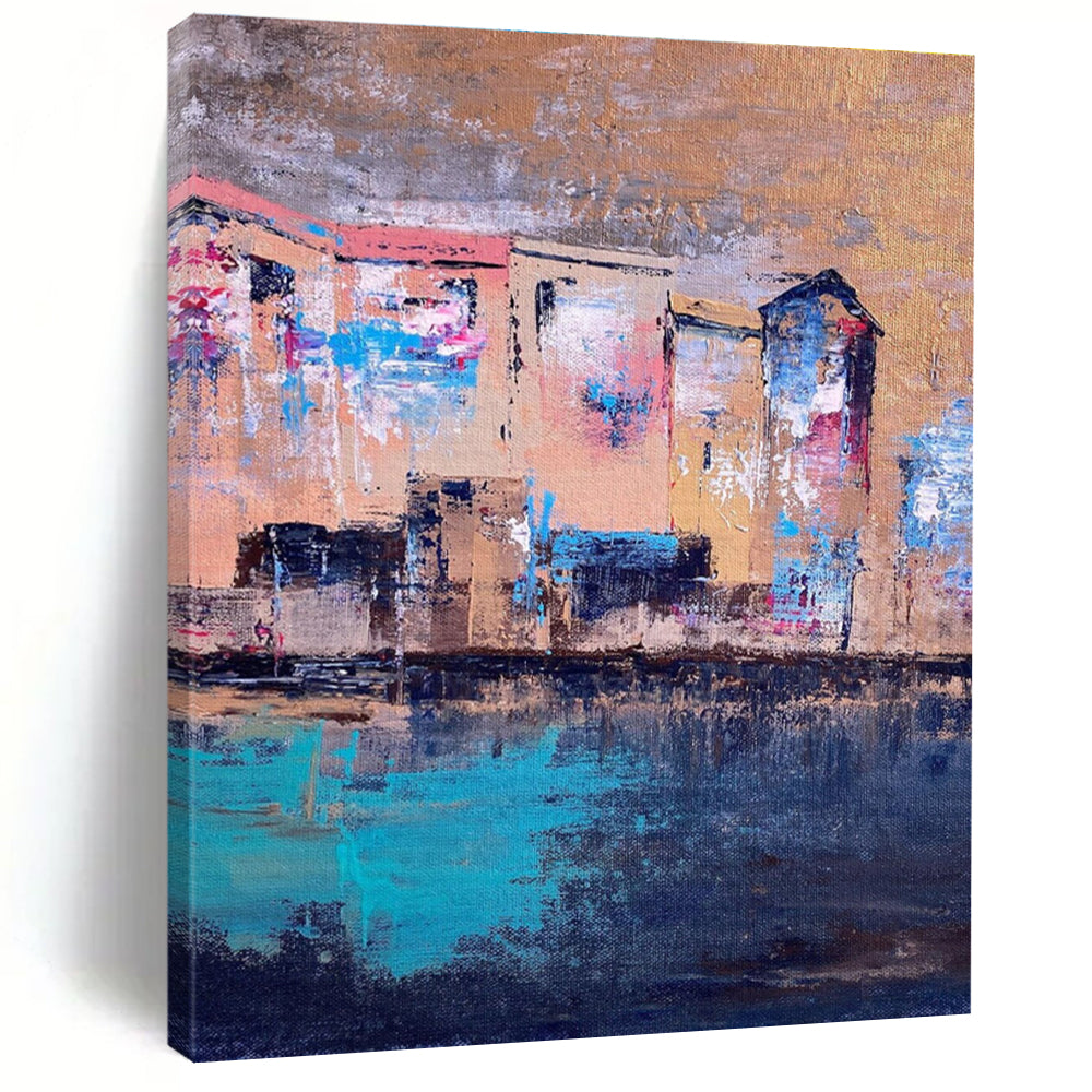 Riverside Houses Abstract Painting with Warm and Cool Tones ADGE460