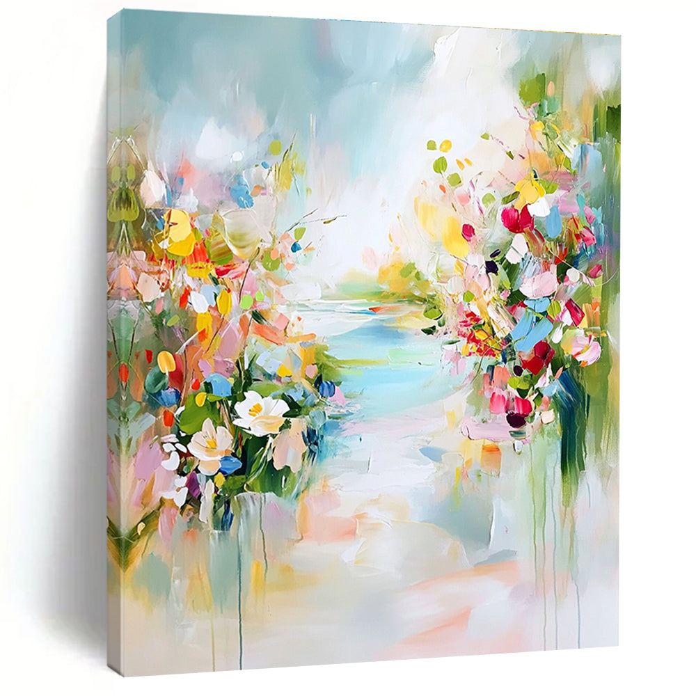 A large abstract painting depicting a tranquil spring landscape with colorful flowers soft skies and hints of blue water.STSC891