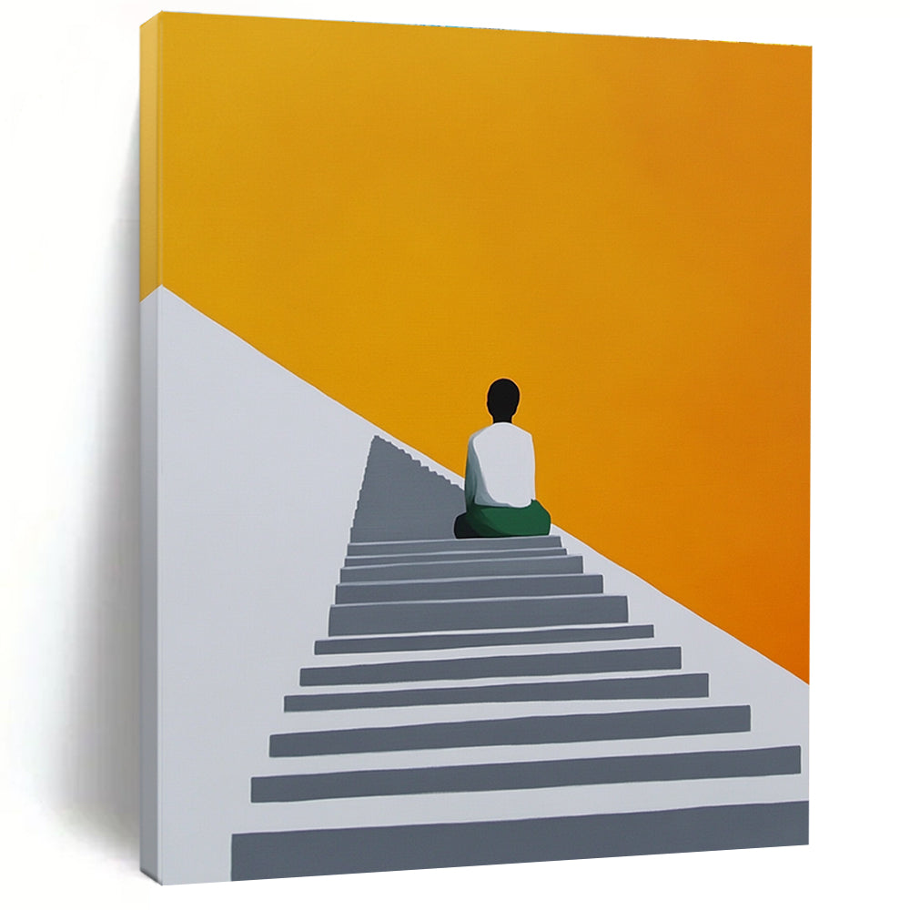 An abstract painting featuring a figure on stairs with a grey white and orange palette against a yellow background in a minimalist geometric style.STSC1155