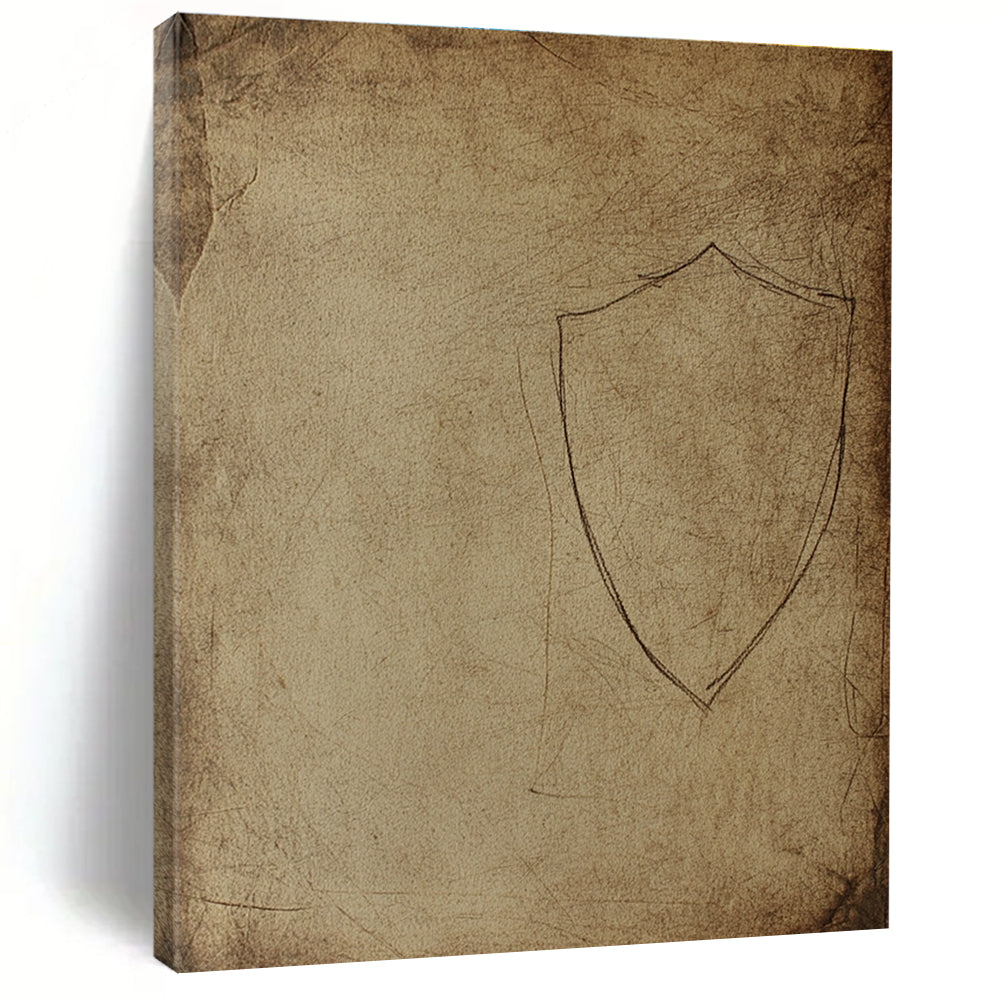 Large abstract drawing of an ancient shield silhouette on aged paper with rough edges and dusty marks resembling early human civilization cave art.STSC987