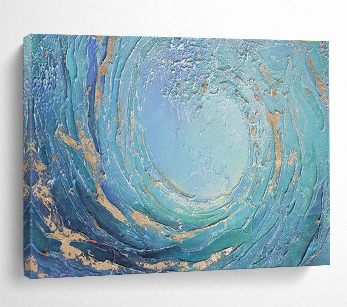Circular Ocean Wave Abstract Painting with Blue and Golden Accents THY256