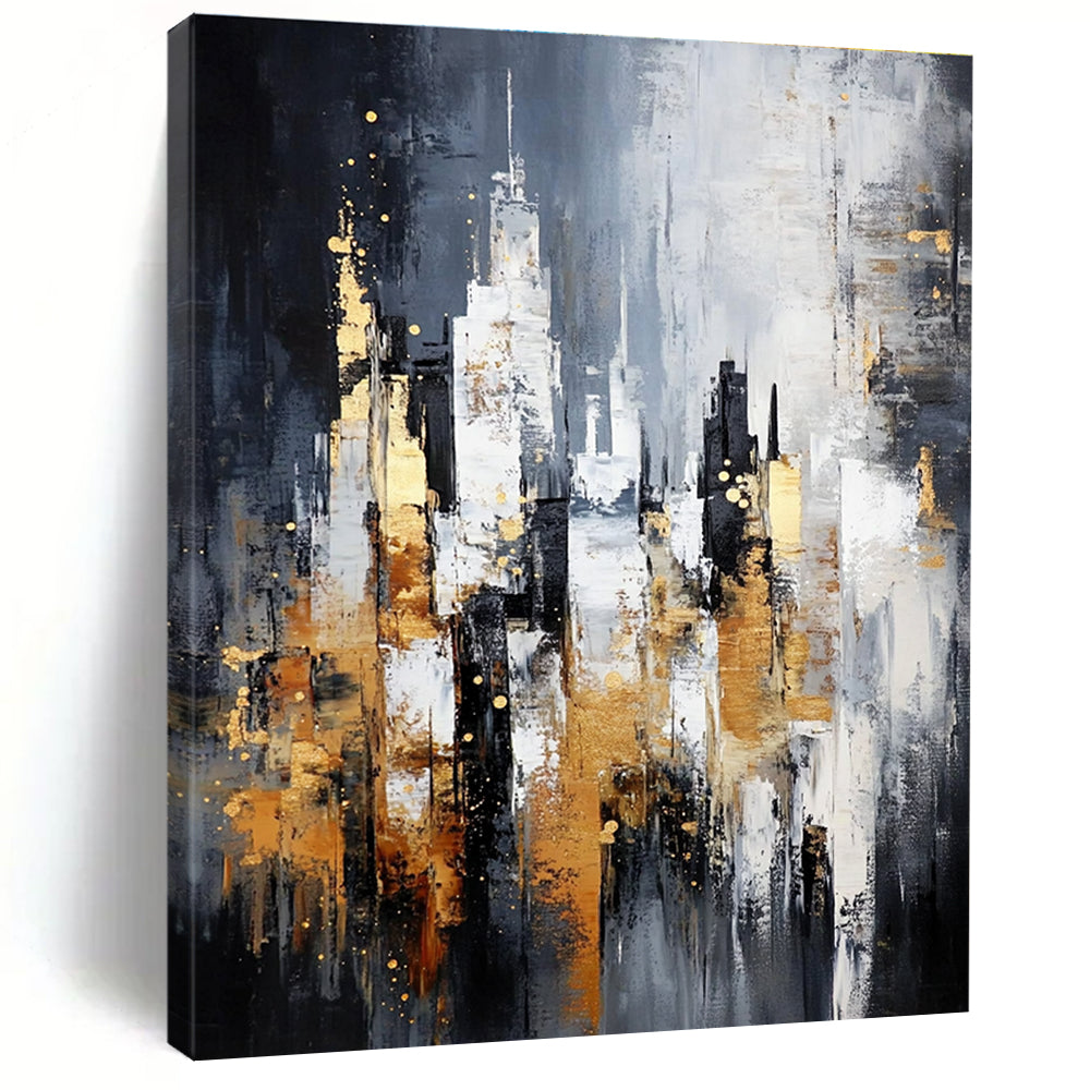 Large abstract painting of a cityscape in gray and white with gold accents on a dark background featuring neutral tones.STSC282