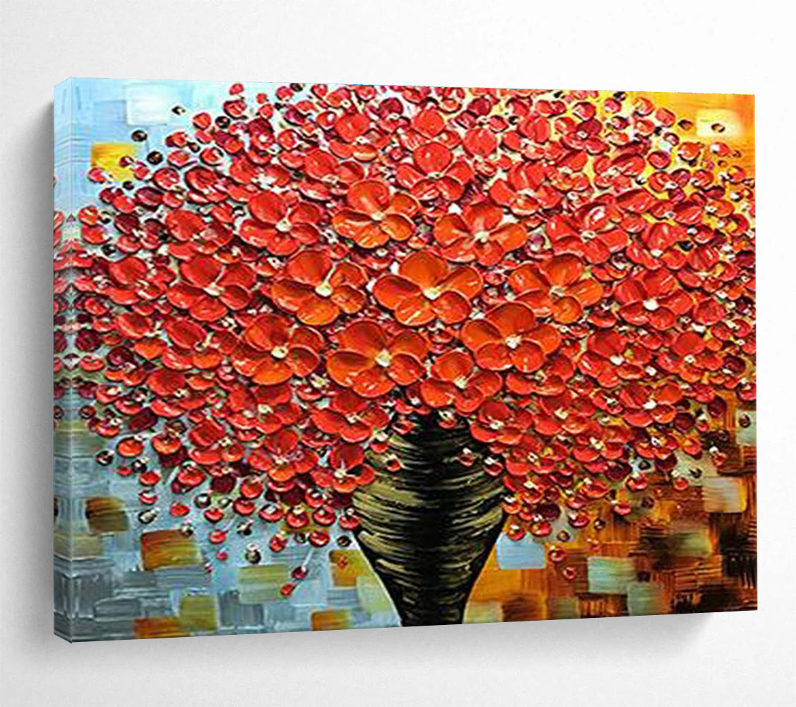 Red Flower Vase Abstract Painting with Textured Petals THY226