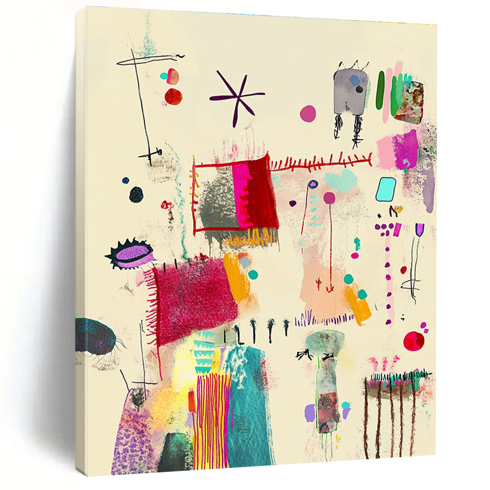 Large abstract painting featuring Mingei style with red lines colorful patterns and embroidered details on a light beige background.STSC1323
