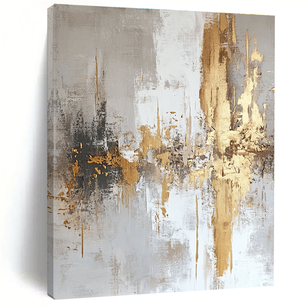 Large abstract painting featuring white and gold textures with light gray background and elegant gold foil accents.STSC508