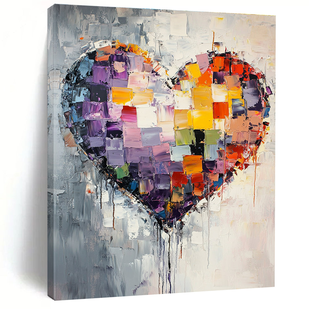 Large abstract painting featuring a mosaic heart with vibrant colors and textured layers, evoking emotion through dynamic brush strokes and dripping details.STSC559