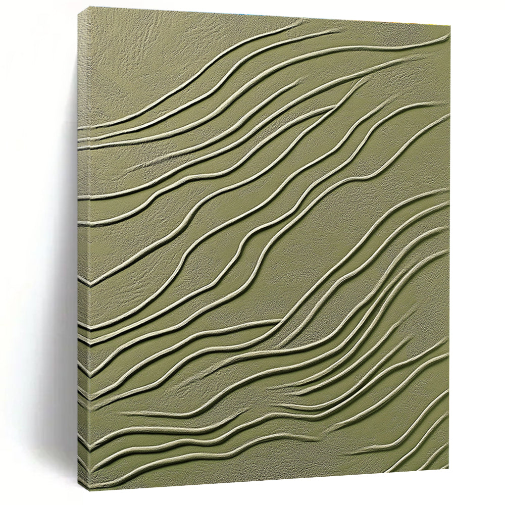Abstract artwork featuring modern organic lines in olive green with white accents and textured details for an elegant decorative touch.STSC1359
