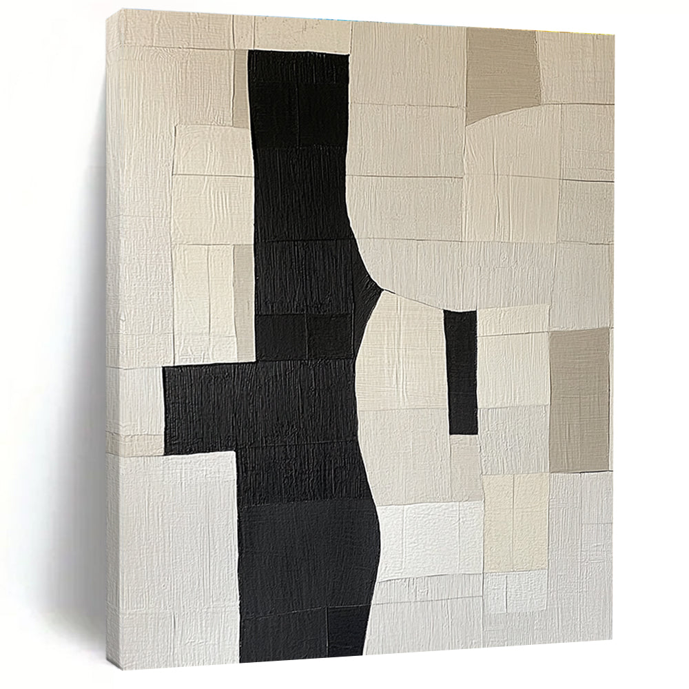 Large abstract painting featuring deconstructed doorway shapes in black grey and beige on a flat white background creating a minimalist collage effect.STSC392