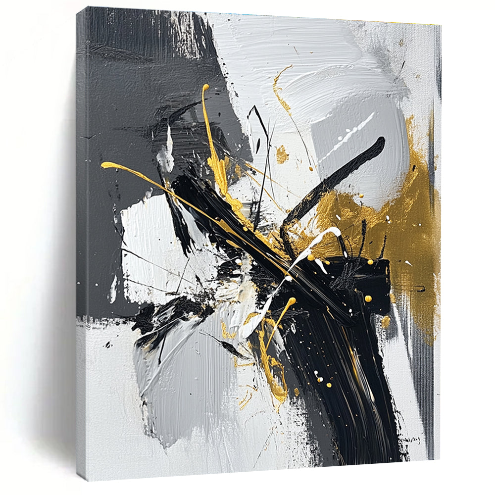 Black Gray White and Gold Abstract Painting with Dynamic Brushstrokes GER020