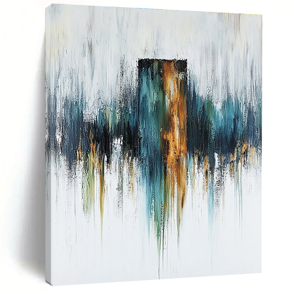 Large abstract painting featuring a rusted metal column on a white canvas with blue green and warm tones for depth and mystery.STSC494