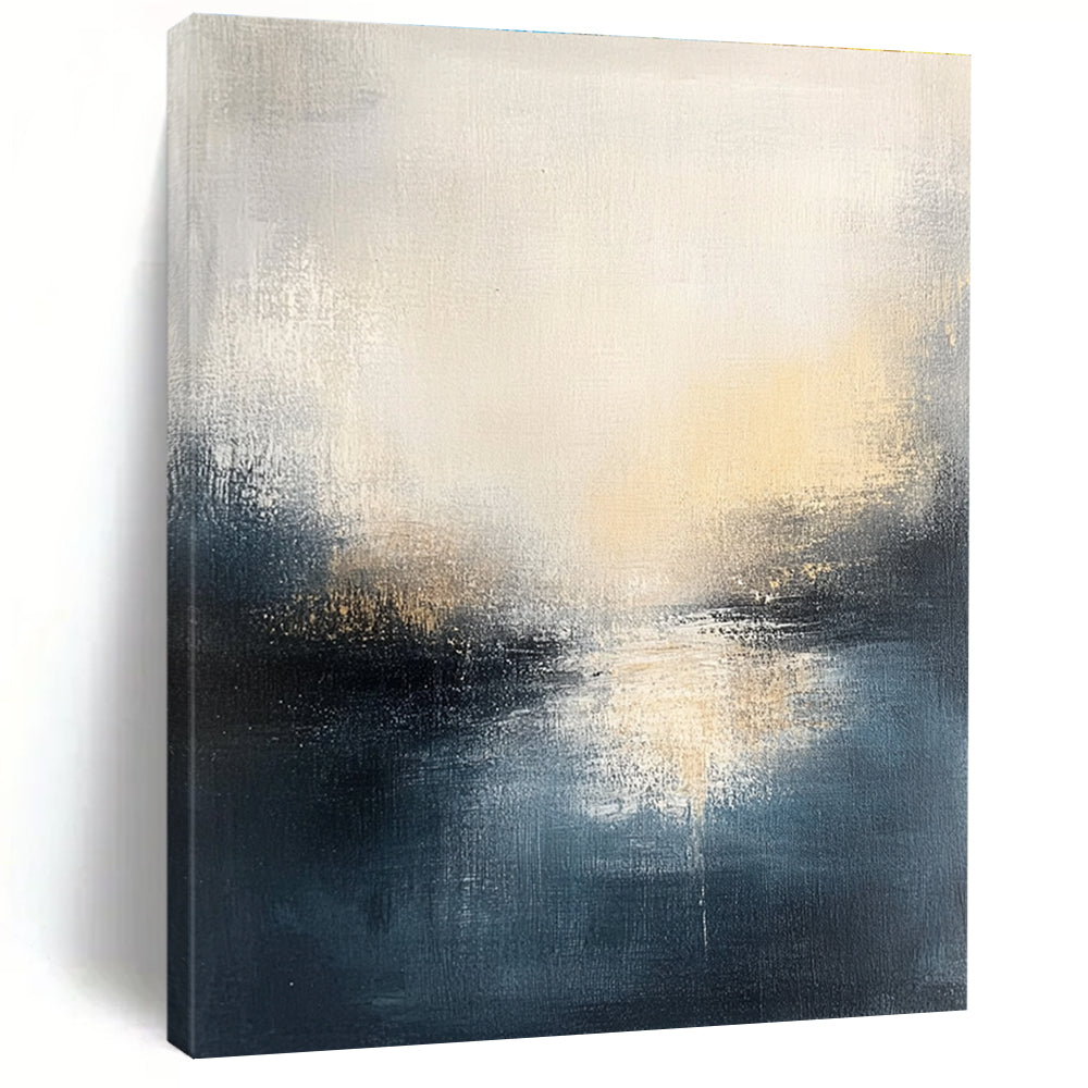 Large abstract oil painting featuring a misty gray and dark blue seascape with light yellow sun rays illuminating the horizon.STSC169