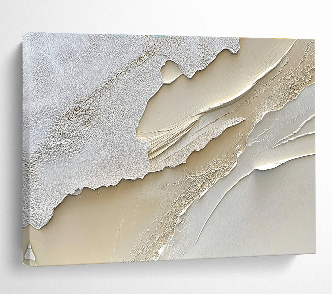 An abstract painting featuring a textured cream-colored surface reminiscent of sand dunes in soft white and beige tones.SC459