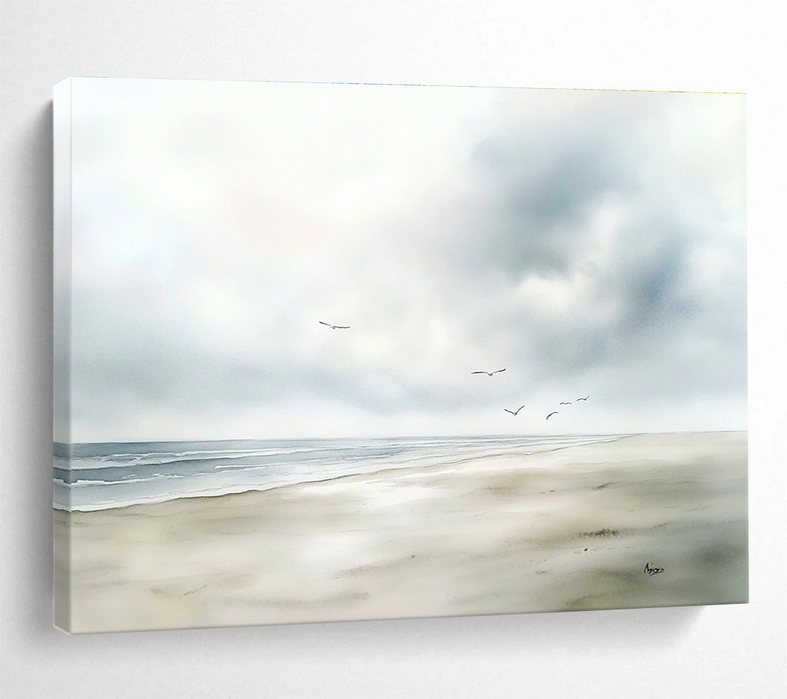 Seaside with Birds Watercolor Abstract Painting with Soft Blues and Grays DYP613